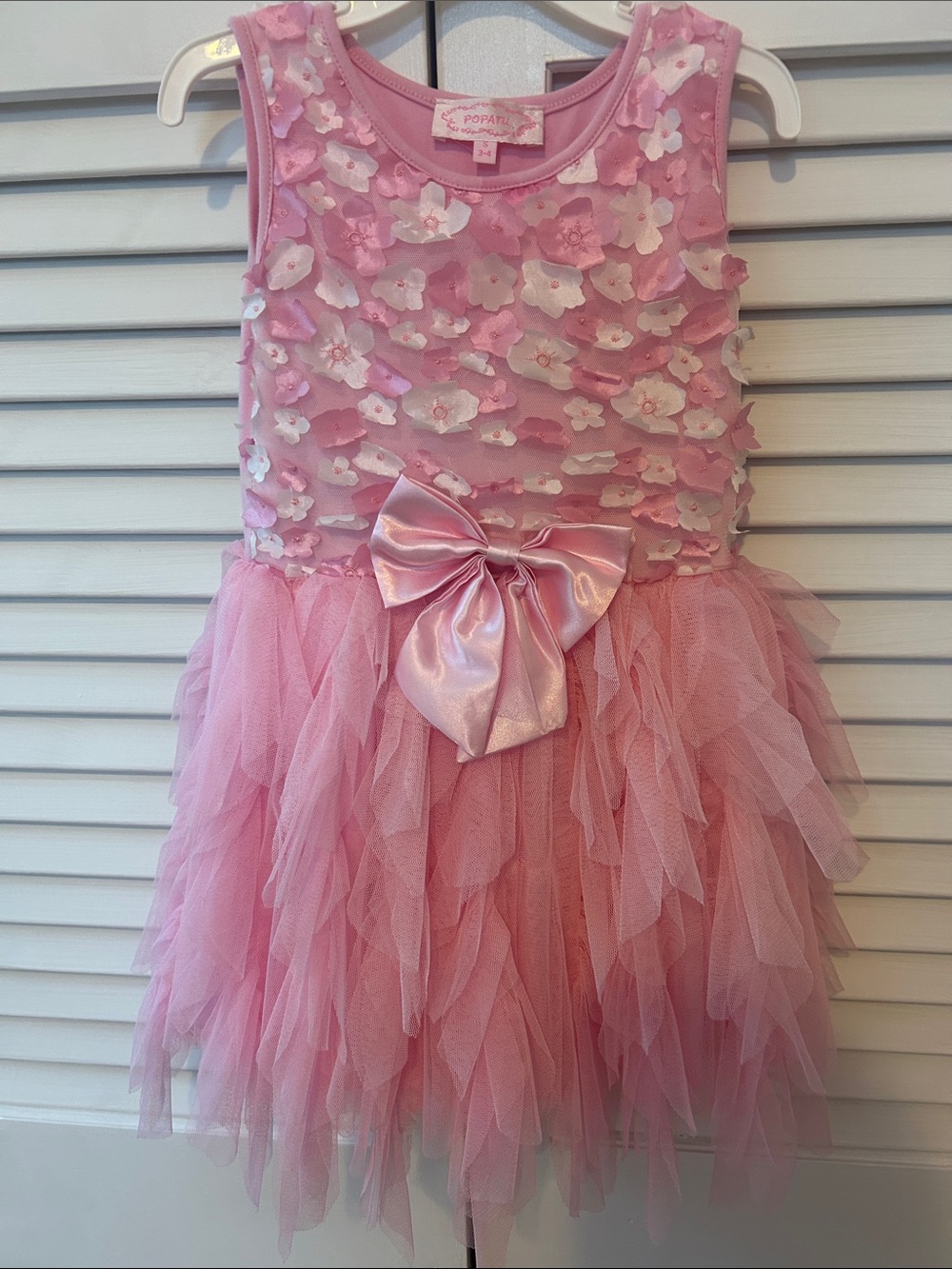 Popatu Pink Floral Tulle Party Dress with Satin Bow
